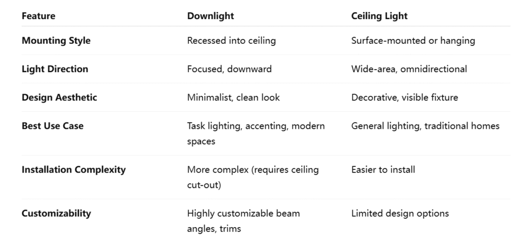 ceiling light vs downlight