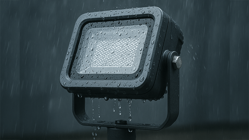A close-up of a high-quality aluminum outdoor light fixture withstanding rain