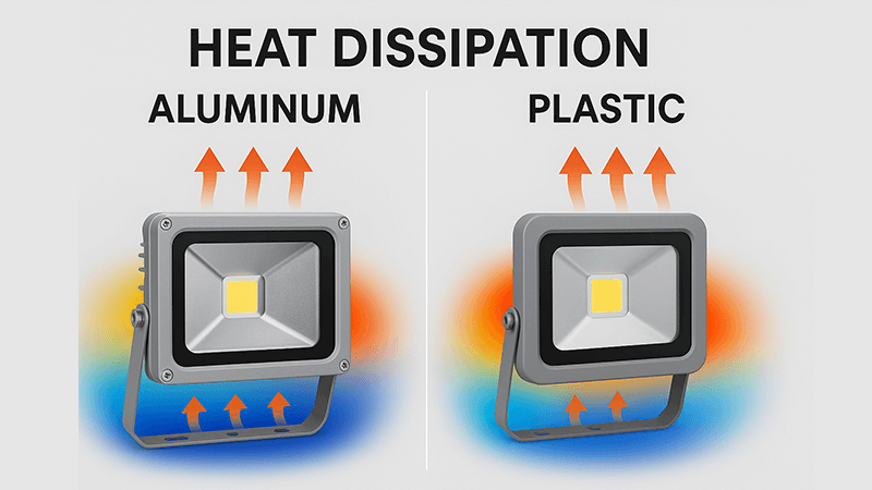 A comparison showing heat dissipation from an aluminum versus a plastic LED housing