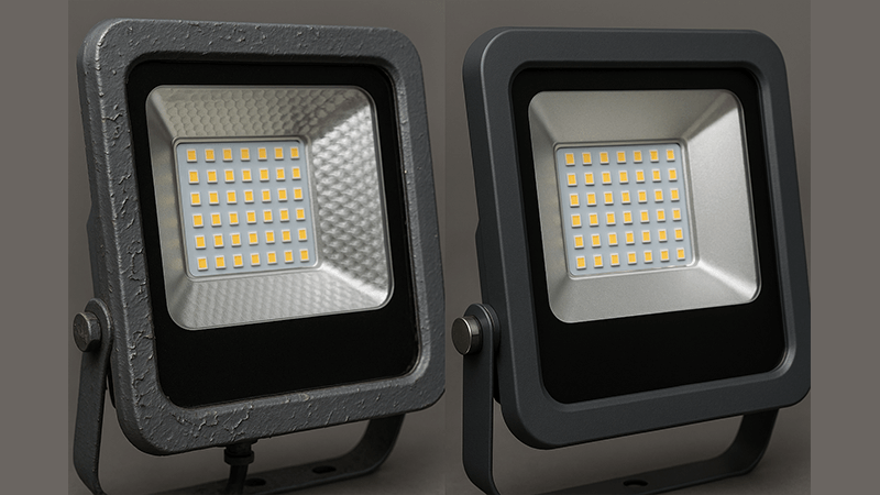 A floodlight with peeling powder coating next to a pristine, new fixture