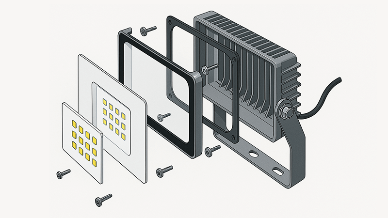An exploded view of an LED floodlight showing the integrated aluminum housing and heat sink fins