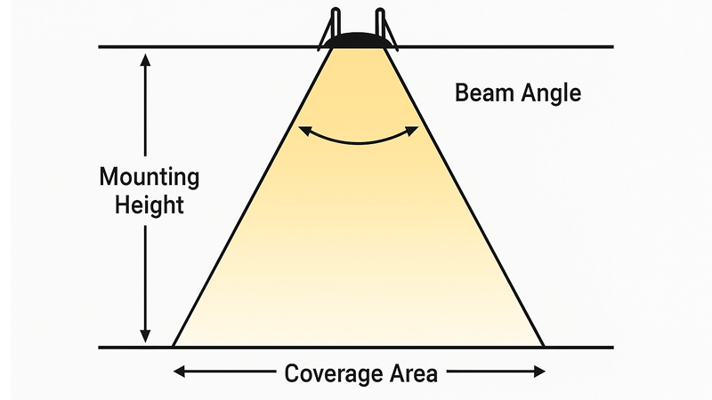 Calculating floodlight beam angle Diagram showing how beam angle relates to mounting height and coverage area