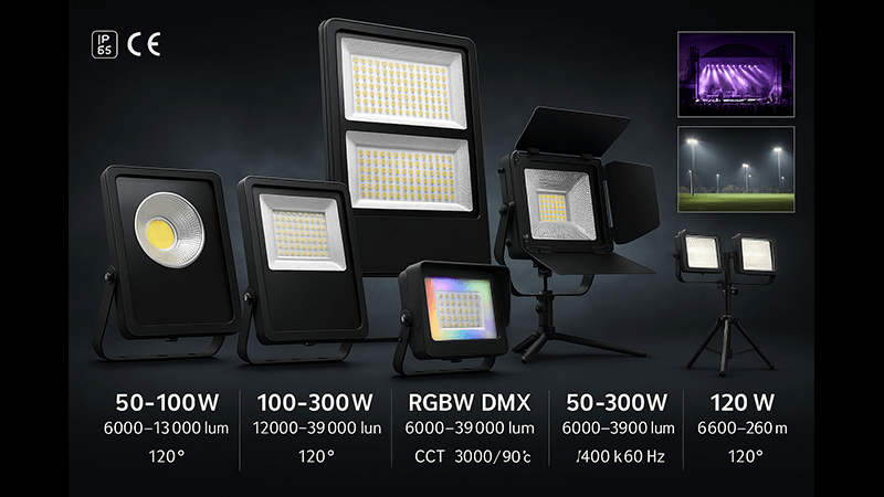 A collection of high-quality LED floodlights suitable for outdoor events