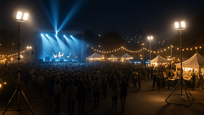 A brightly lit outdoor event area at night