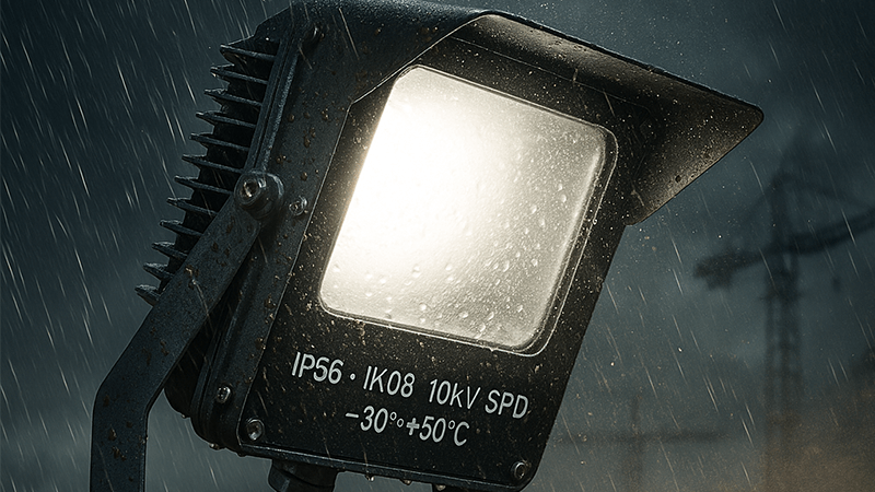 An LED floodlight operating reliably in a harsh outdoor environment