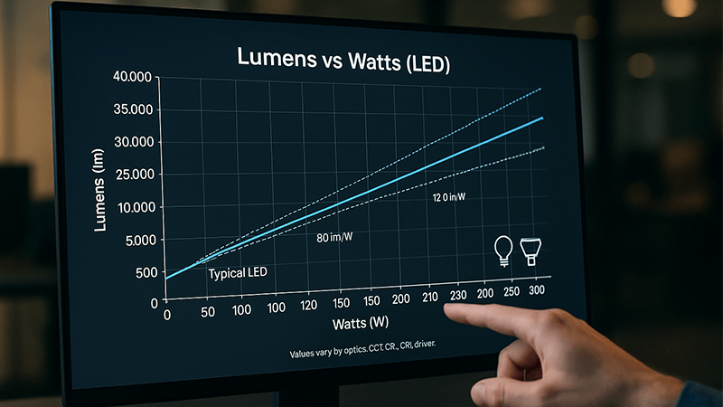 A comparison chart showing lumens vs watts on a screen