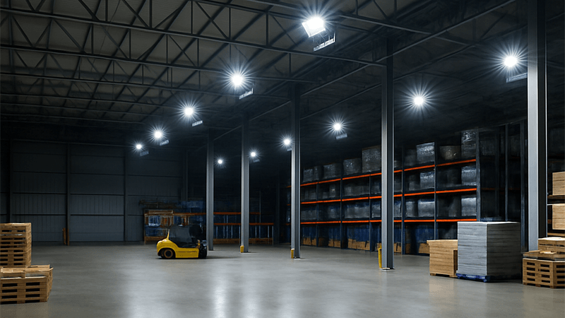 LED floodlights illuminating an industrial warehouse