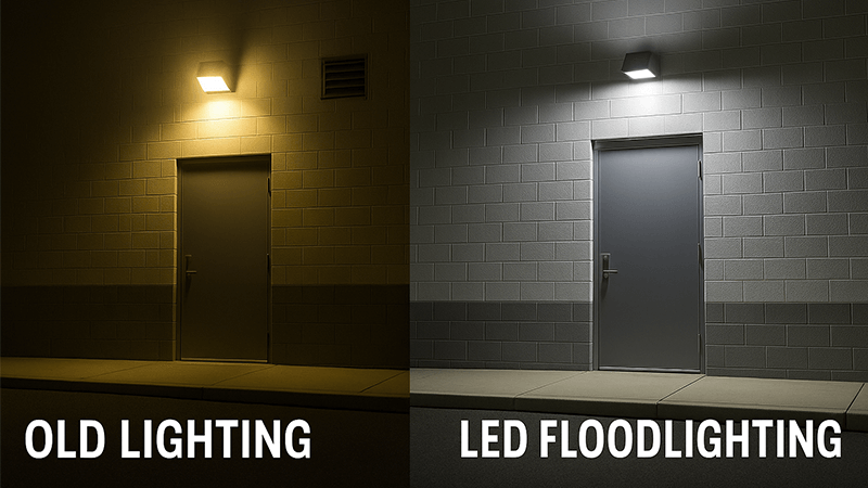 Side-by-side comparison of old lighting vs. crisp LED floodlighting