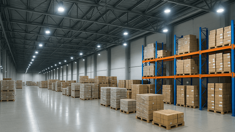 A large warehouse illuminated by a system of LED high bays and floodlights