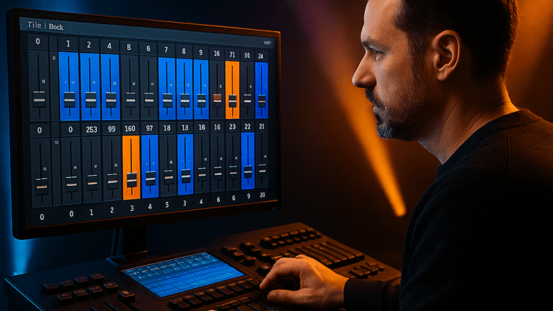 A lighting designer at a DMX control console with a screen showing lighting channels.