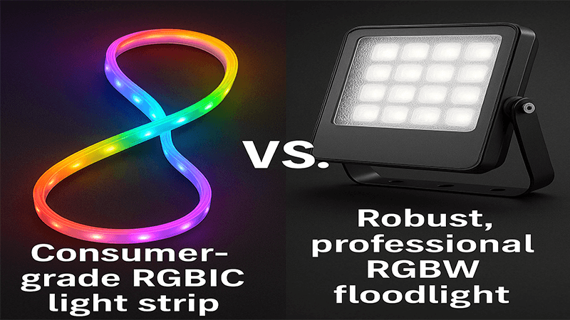A consumer-grade RGBIC light strip showing a rainbow effect, contrasted with a robust, professional RGBW floodlight.
