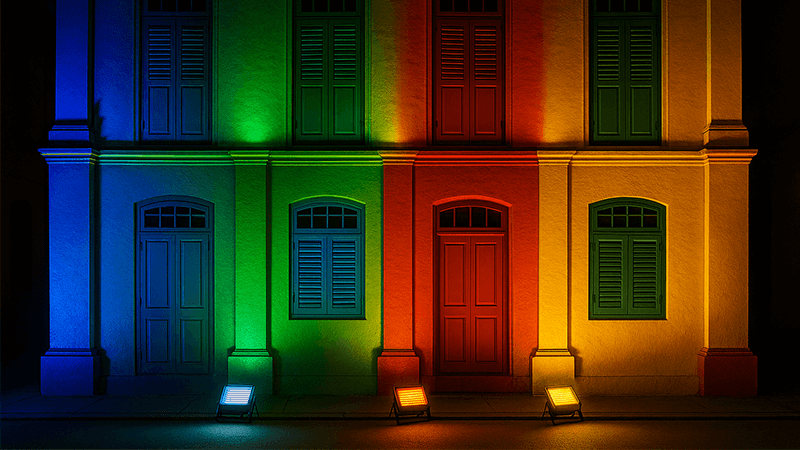 A colorful building facade illuminated by high-CRI LED floodlights