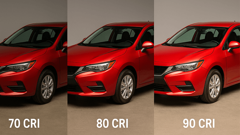 Side-by-side comparison of a red car under 70, 80, and 90 CRI light