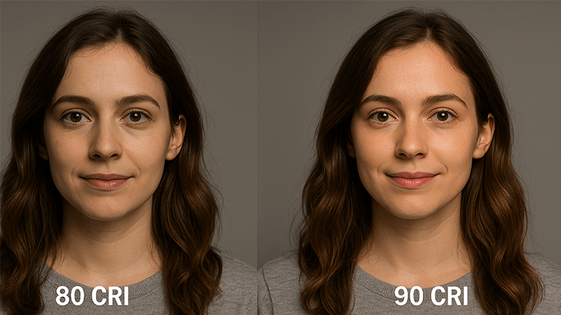A person's face shown under 80 CRI and 90 CRI light for comparison