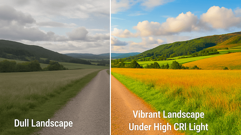 A split image showing a dull landscape vs. a vibrant landscape under high CRI light