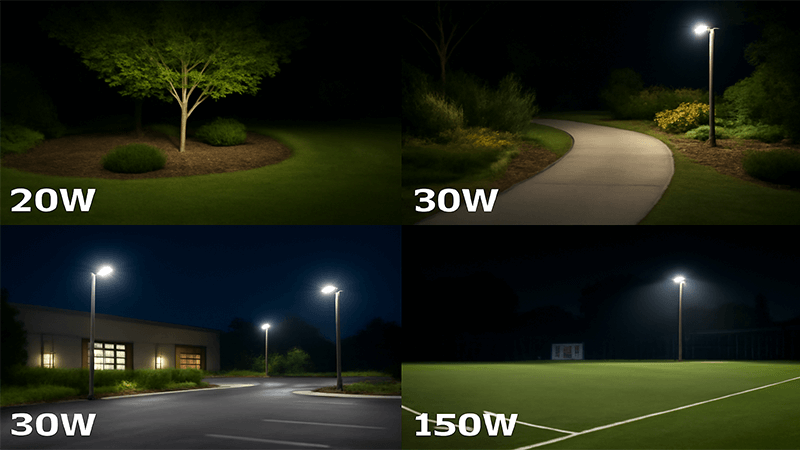 a variety of outdoor settings with different LED floodlight wattages