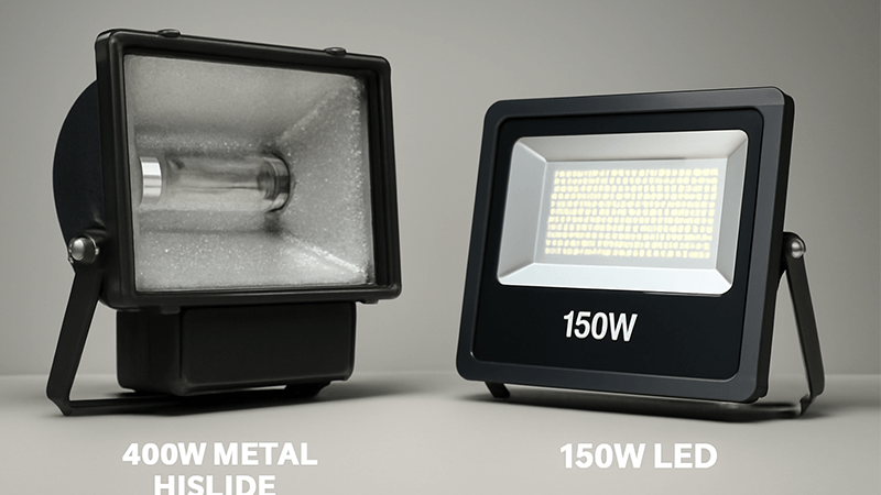 an old 400W Metal Halide floodlight next to a new 150W LED floodlight