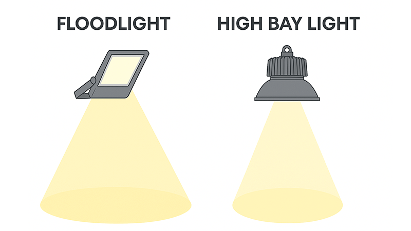 High Bay Light vs Floodlight Distribution Comparison of light distribution between a floodlight and a high bay light