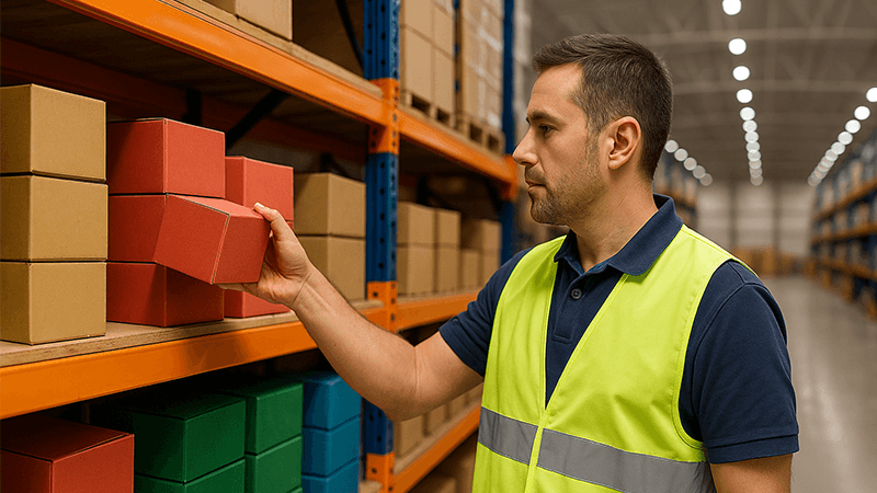 High CRI Warehouse Lighting A worker accurately picking a colored box in a warehouse with high CRI lighting