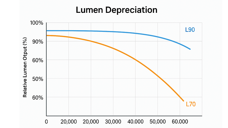 L90 vs L70 Lumen Depreciation Chart showing lumen depreciation of an L90 vs L70 light over time