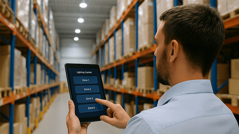 Smart Warehouse Lighting Controls A warehouse manager adjusting lighting zones on a tablet