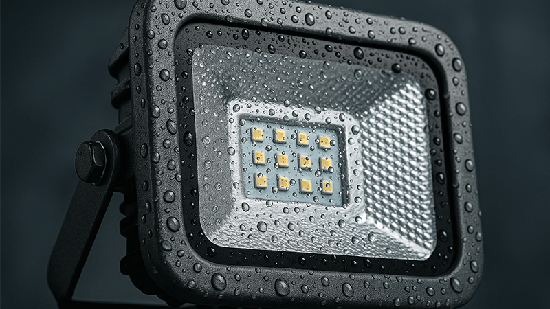 IP65 vs IP67 Waterproofing For Outdoor Lights A close-up of water beading on the surface of an outdoor floodlight.