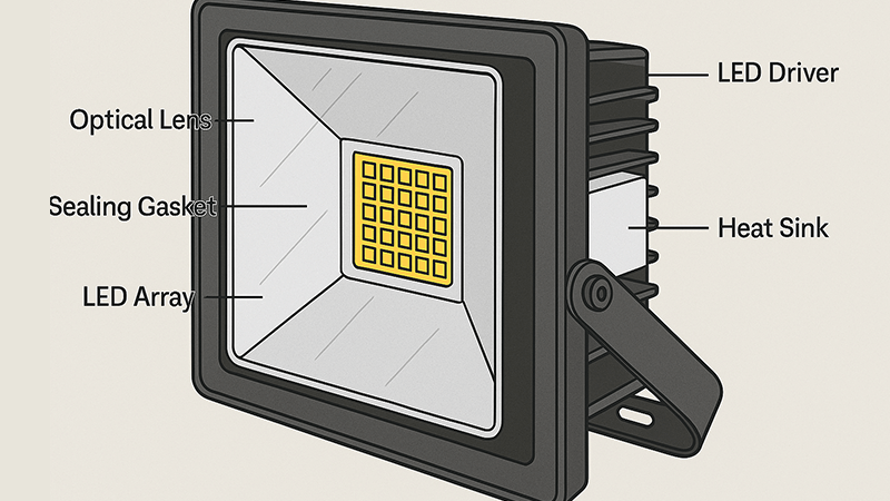 Internal Pressure in IP67 Floodlights An engineering diagram showing the internal components of a sealed LED floodlight.