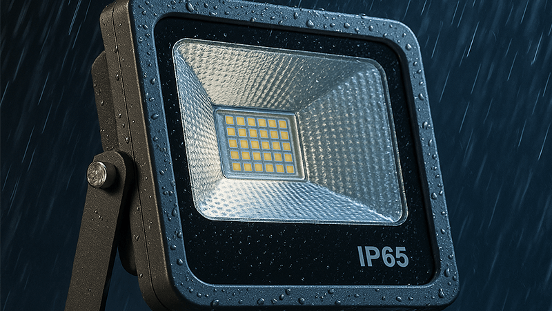 IP65 Floodlight in Heavy Rain Test An IP65 floodlight being tested with a powerful jet of water in a lab setting.