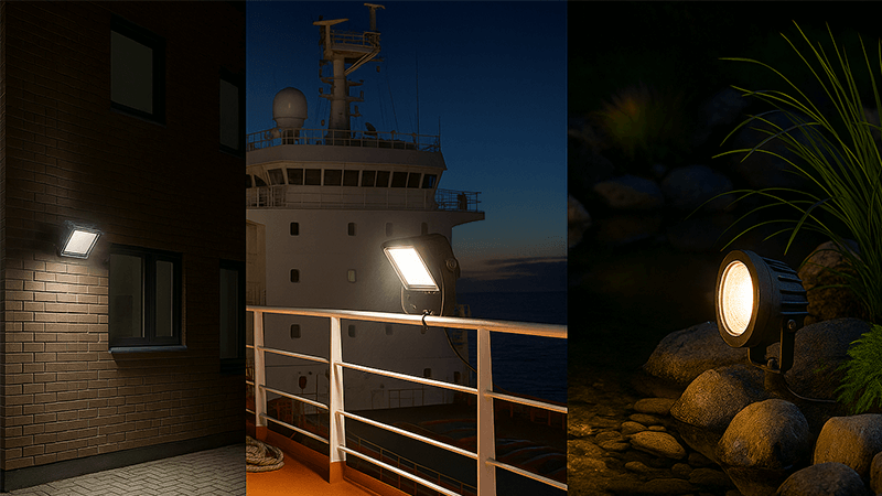 Best IP Rating for Different Outdoor Lights A collage of different outdoor lighting applications: a building facade, a ship deck, and a garden light near a pond.