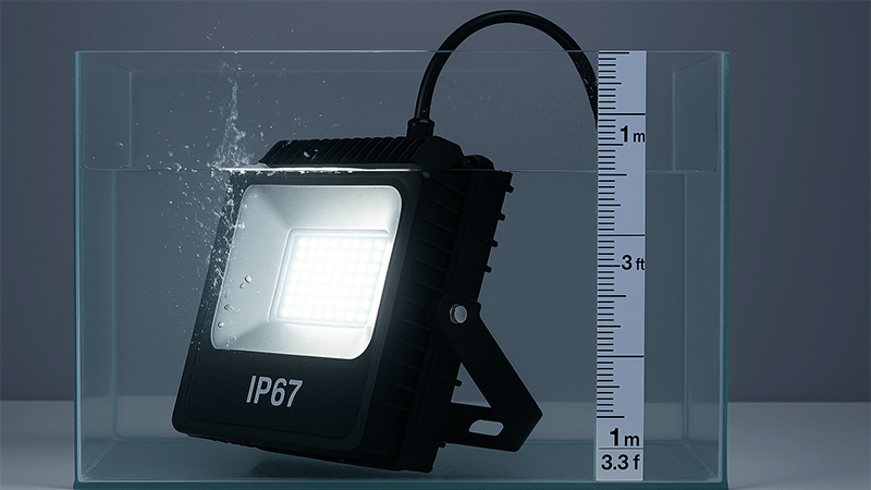 IP67 Immersion Test Conditions An IP67 rated light submerged in a tank of water for a test, with a ruler showing the 1-meter depth.
