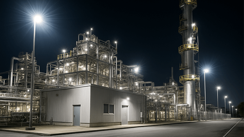 Industrial Facility Safety Lighting A well-lit industrial facility at night showing the clarity provided by LED floodlights