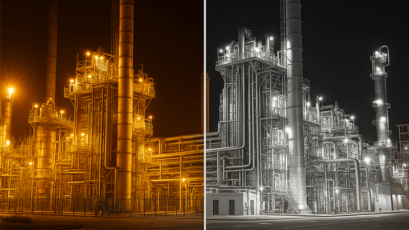 LED Light Quality vs HPS Split image showing the same industrial scene under old HPS lighting and new LED lighting