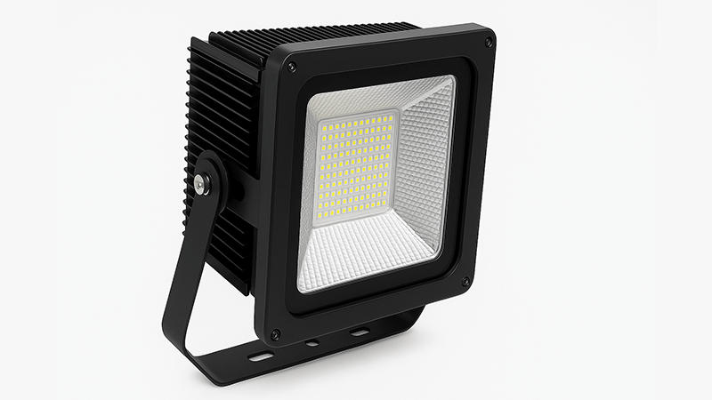 LED Floodlight Thermal Management An industrial LED floodlight with a robust heat sink design