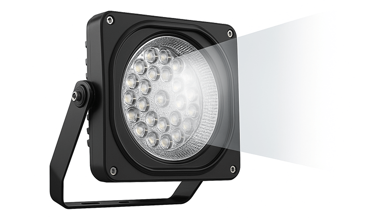 LED Floodlight Optical Control An LED floodlight with advanced lens optics controlling the beam of light