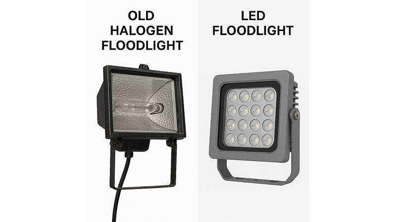 Traditional Halogen vs Modern LED Floodlight An illustration comparing the components of a traditional floodlight versus a modern LED floodlight.