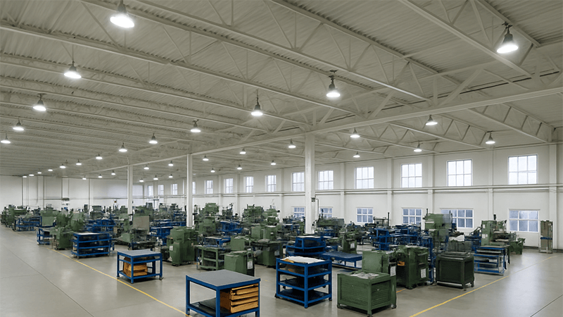 High-Bay LED Lighting in a Factory A well-lit factory environment using powerful LED high-bay lights for optimal visibility.