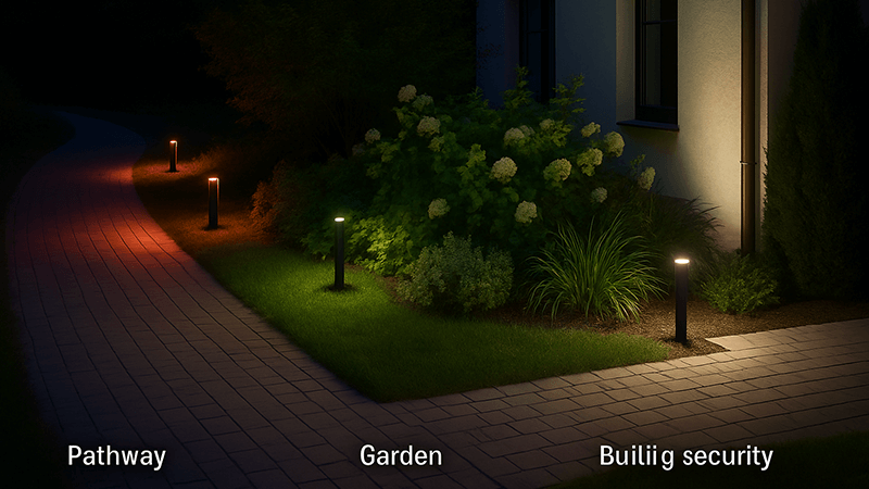 An outdoor area showing different lighting colors for pathways, gardens, and building security