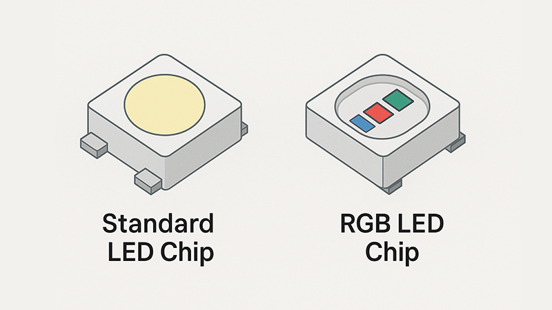 A simple diagram showing a standard LED chip versus an RGB LED chip
