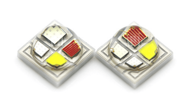 A close-up shot showing the four separate diodes on an RGBW chip: red, green, blue, and white