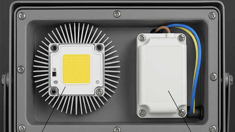 A close-up view of the [internal components](https://www.paclights.com/explore/led-flood-lights-lighting-explained/)[^2] of an LED floodlight, showing the chip and driver.