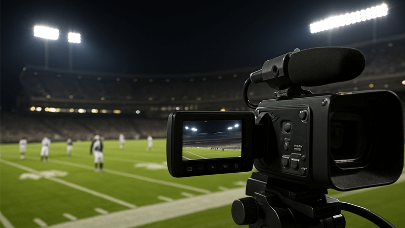 Broadcast-Quality Stadium Lighting A television camera broadcasting a brightly lit night football game.