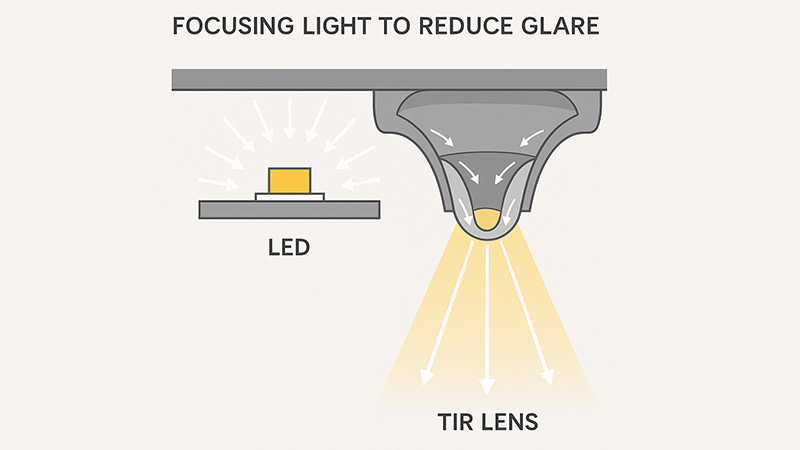 TIR Lens Optical Control A diagram showing how a TIR lens focuses light to reduce glare.