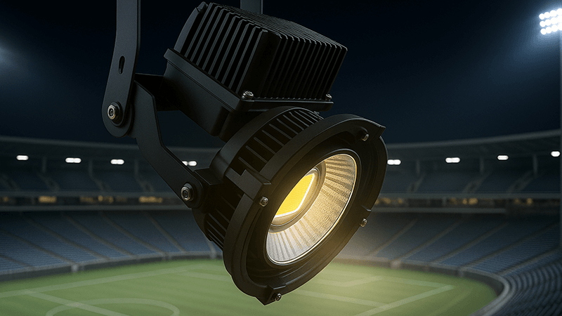 Advanced Thermal Management for LED Stadium Light A robust LED stadium light with a visible heat sink design hangs from a high mast pole.