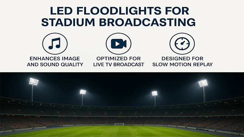 LED Floodlights for Stadium Broadcasting A brightly lit sports stadium at night with LED floodlights