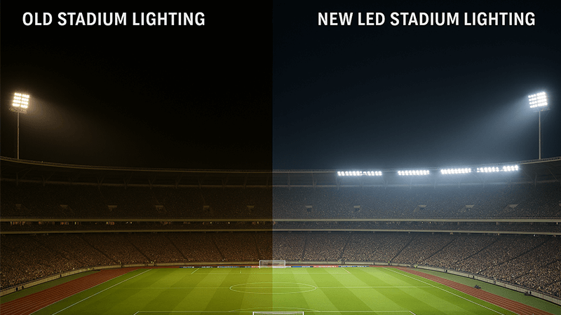 Benefits of LED Stadium Floodlights Side-by-side comparison of old stadium lighting and new LED stadium lighting