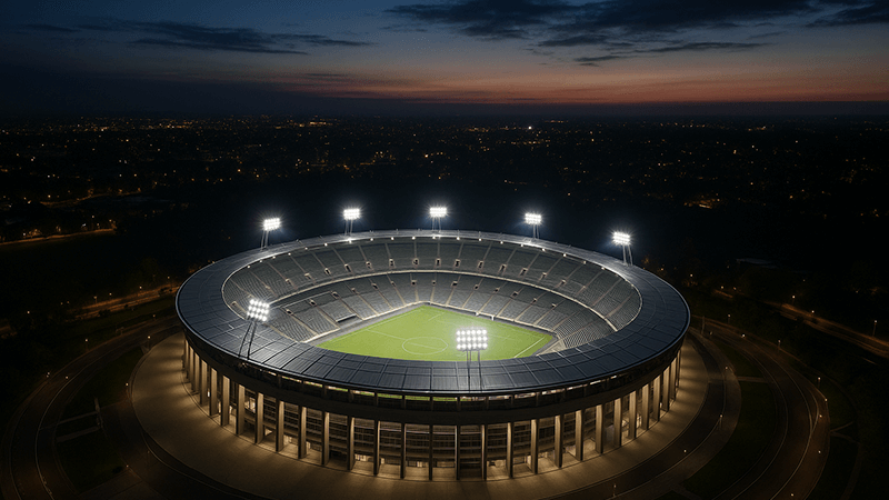 Modern Stadiums Using LED Lights An aerial view of a modern stadium with its LED lights shining brightly at dusk
