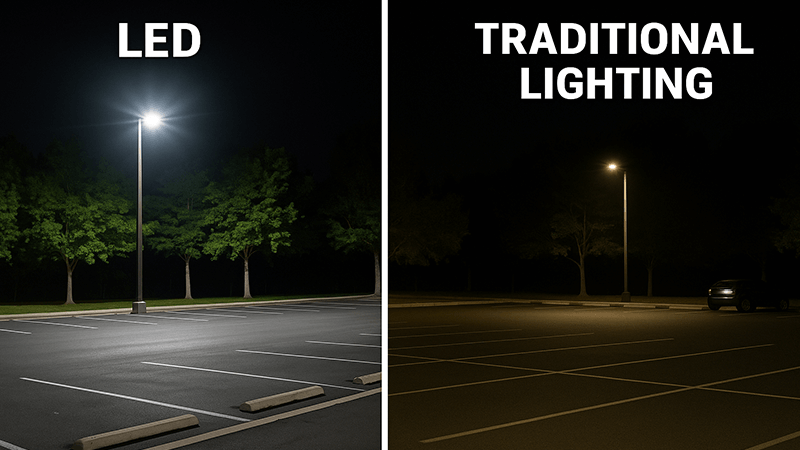 LED vs Traditional Outdoor Lighting Side-by-side comparison of an LED-lit area and a traditionally lit area