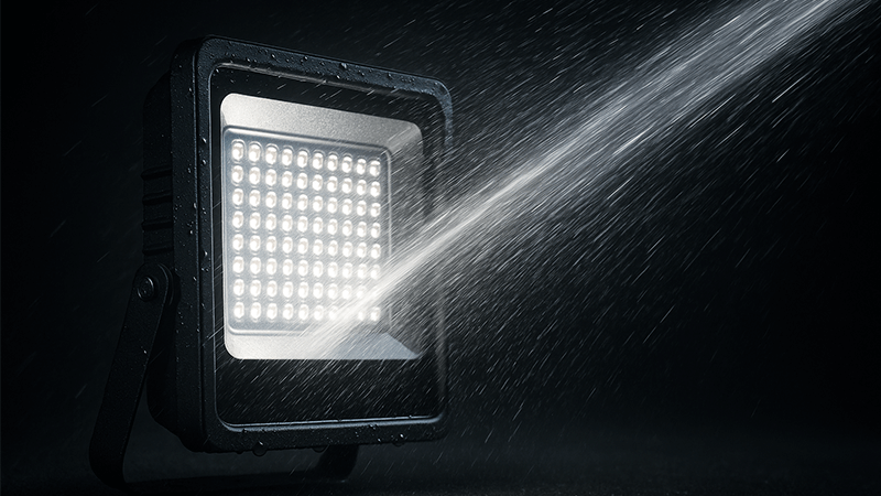 IP Rated LED Floodlight An LED floodlight being tested with a spray of water