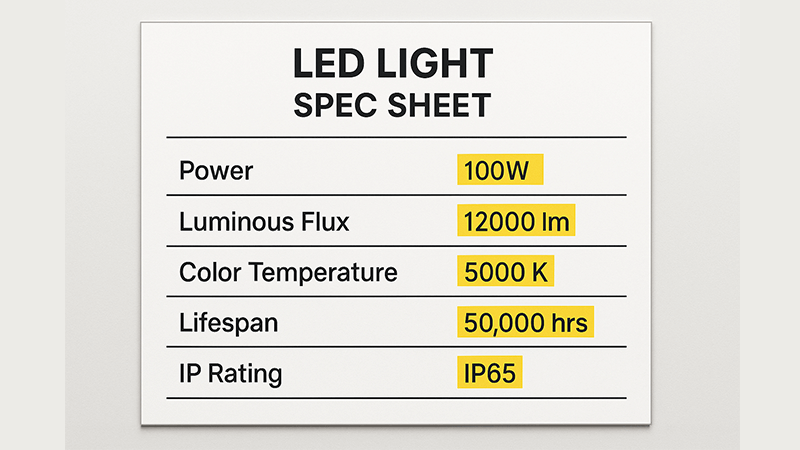 Key Specifications of LED Lights A spec sheet for an LED light with key points highlighted