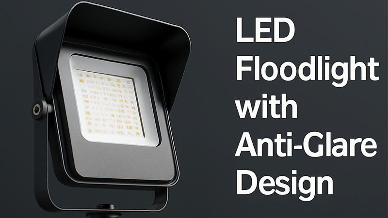 An LED floodlight with an anti-glare shield illuminating a building facade.